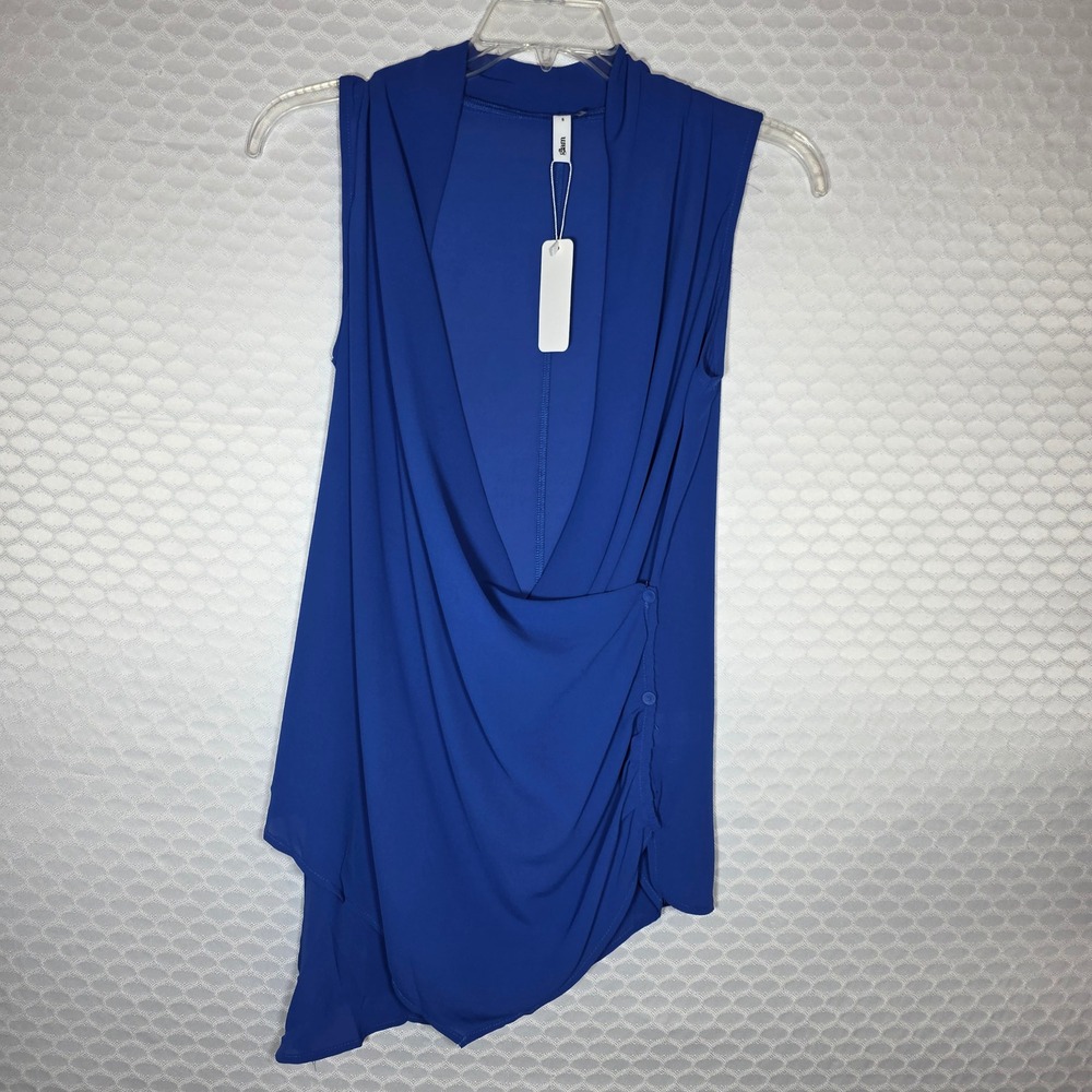 Glam Royal Blue Sleeveless Draped Asymmetrical Wrap Blouse Top Small NWT